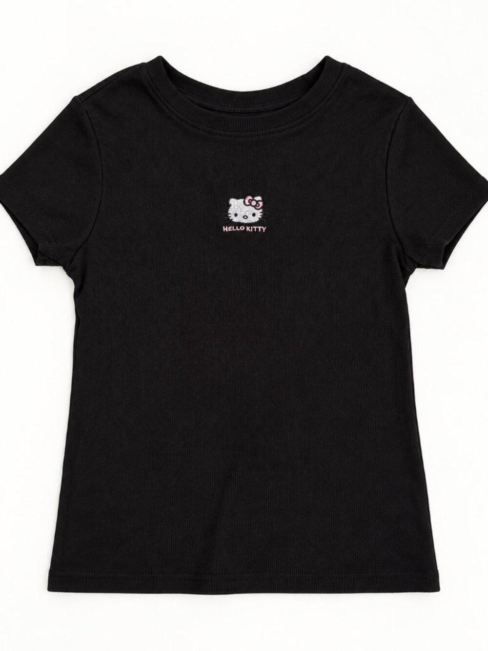 Black Hello Kitty girls’ short sleeve T-shirt in kids size Large (10/12).
